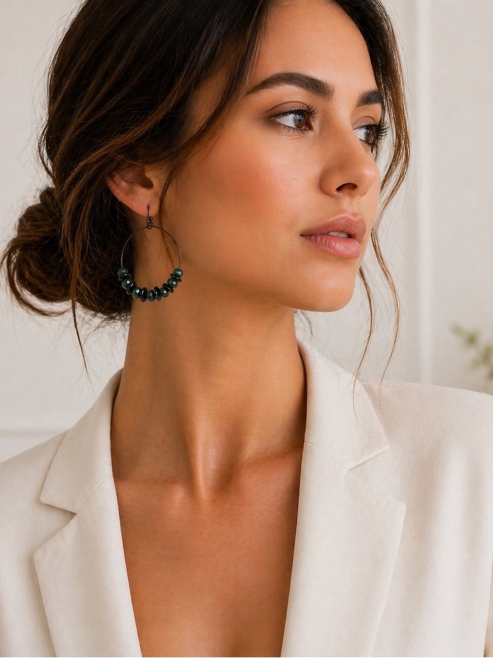 Marlyn Schiff dark green Beaded Hoop Earrings | Lightweight Statement Hoops